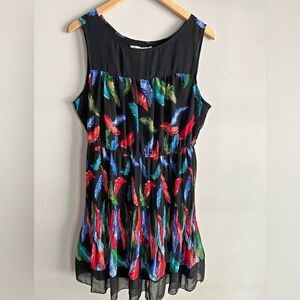American Rag Feather Print Pleated Dress XL Sleeveless Elastic Waist Multicolor